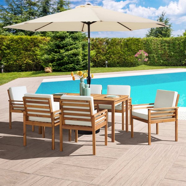 Alaterre Furniture 8 Piece Set, Okemo Table with 6 Chairs, 10-Foot Auto Tilt Umbrella Tan ANOK01RD05S6